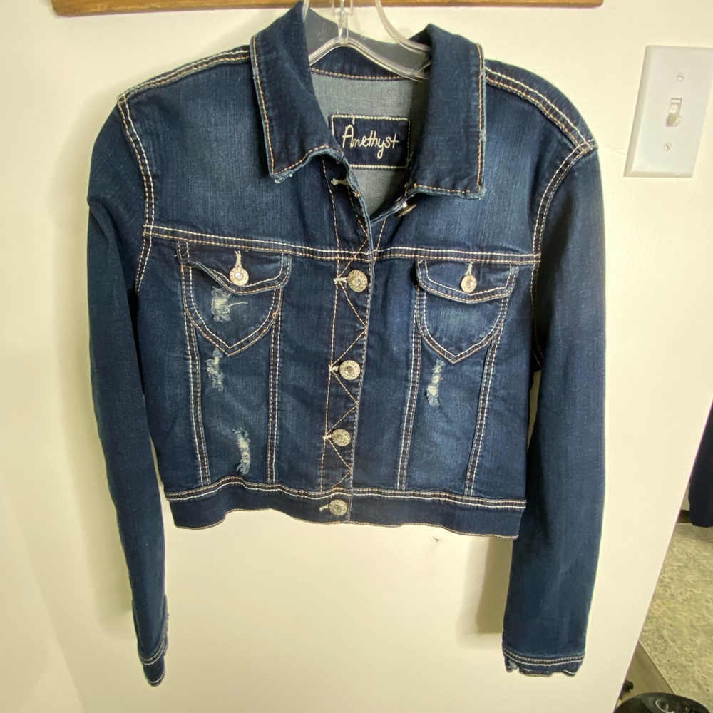 Amethyst Denim Crop Jacket, Sz L, distressed